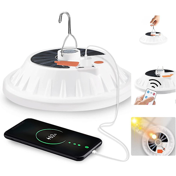 USB-oppladbart LED-solteltlys med fjernkontroll, 5 moduser teltlys IPX7 vanntett