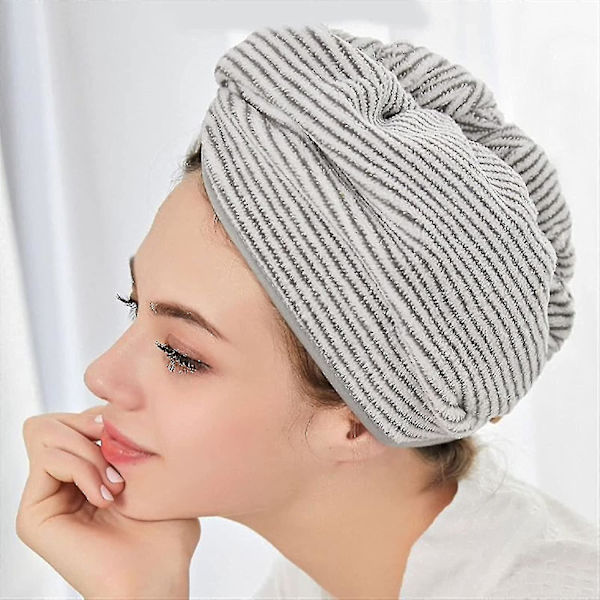 Hurtigtørrende Brusehat Bamboo Mikrofiber Hårhåndklæde Wrap Grå Stribet Hurtigtørrende Bruse Turban Hat