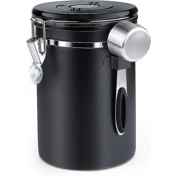 Lufttæt Kaffebeholder - Kaffe Bønnebeholder Med CO2 Ventil - Med Måleske - 1.8l (sort)