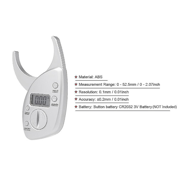 Kroppsfettkaliper, 2 st knappcellsbatterier, engelsk manual