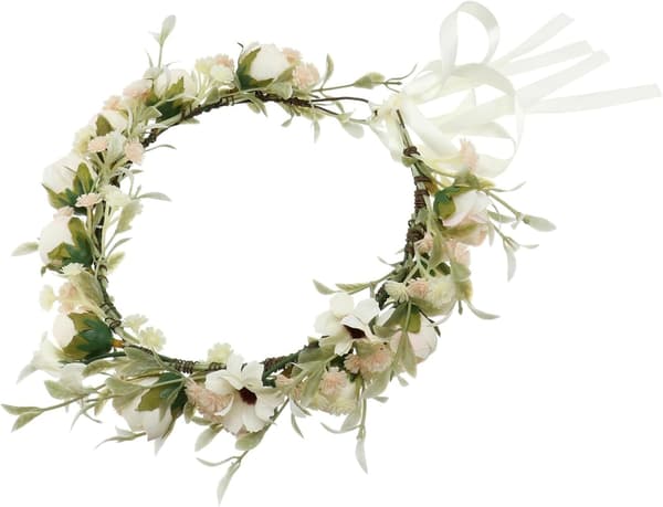 Simulert kranshodeplagg i bohemsk stil med blomsterhodeplagg og brudekransdesign