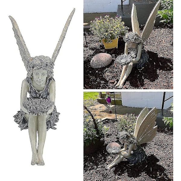 Havefigur af Resin til Haven - Siddende Fe Statue - Udendørs Dekoration til Græsset