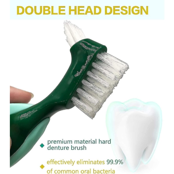 Premium kova hammasproteesiharja Hammasharja, puhdistusharja, monikerroksiset harjakset Kannettava hammasproteesi kaksipuolinen harja, hoidettu hammasproteesi + vihreä 2kpl