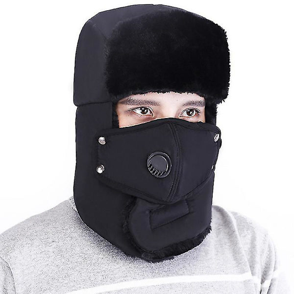 Hatt for menn, Trapper-stil, Russisk, Fullt ansikt, Øreklaffer, Pilotlue, Skilue Black