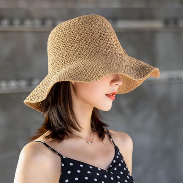 Sammenleggbar Khaki Stråsolhatt for kvinner, middels størrelse (56-58 cm) Sommerstrand Solbeskyttelse Utendørs Vevd Hatt