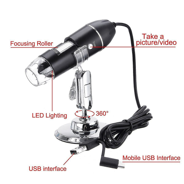 1600x 3-in-1 USB-digitaalinen mikroskooppi, tyyppi-C, 8 LED-valoa