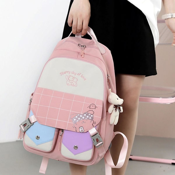 Søt Multi-lomme Nylon Skole Ryggsekk For Student Jenter Gutter Ungdom Boksekk Black