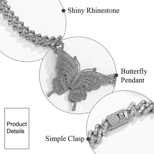 Tyk Krystal Choker Halskæde Butterfly Vedhæng Halskæder Cuban Link Kæde Glitrende Rhinesten Smykke