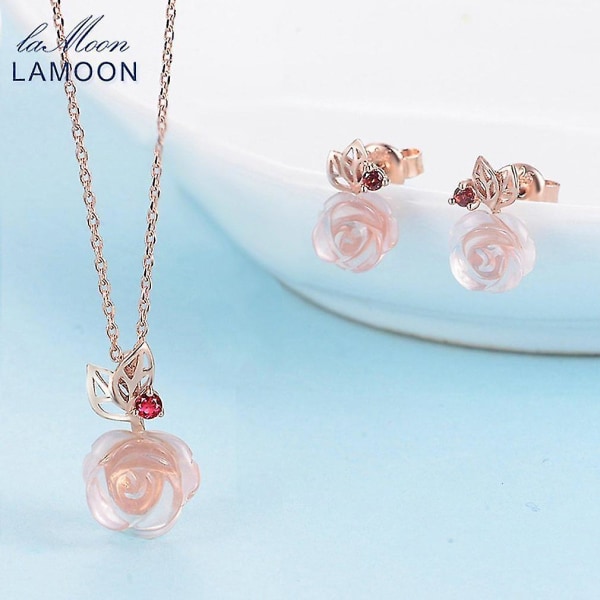 Lamoon Flower Shape Pink Rose Quartz Jewelry Set