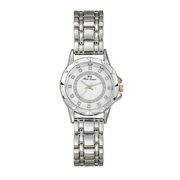 Trendy Stålklokke Enkelt Dame Temperament Gullklokke Rundt Urverk Fullt Diamant Kvartsklokke Silver