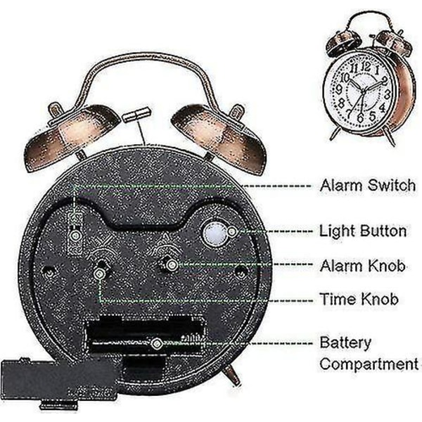 Retro vækkeur, gammeldags vækkeur til natbordet med ikke-tikkende dobbeltklokke