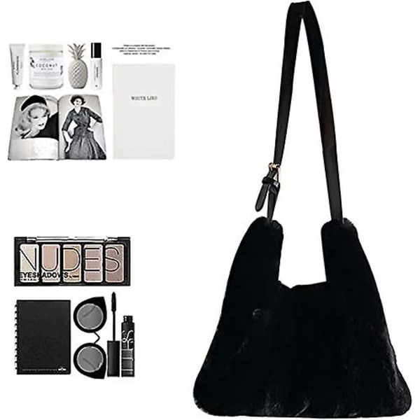 Plush Axelväska Mjuk Fluffig Tote Väska Konstpäls Crossbody Väska Justerbar Axelrem Svart