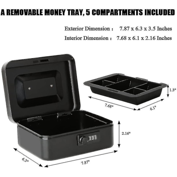 Lille pengekasse med kombinationslås Holdbar metalkasse med pengebakke Sort, 7,87 X 6,3 X 3,35 tommer - B-yuhao Black