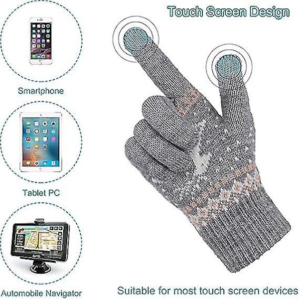 Vinterhandskar för kvinnor med pekskärm, stretchiga stickade varma vantar, vintertermik, damhandskar, smartphones, sms-handskar, en storlek (rosa och grå) 2-pack