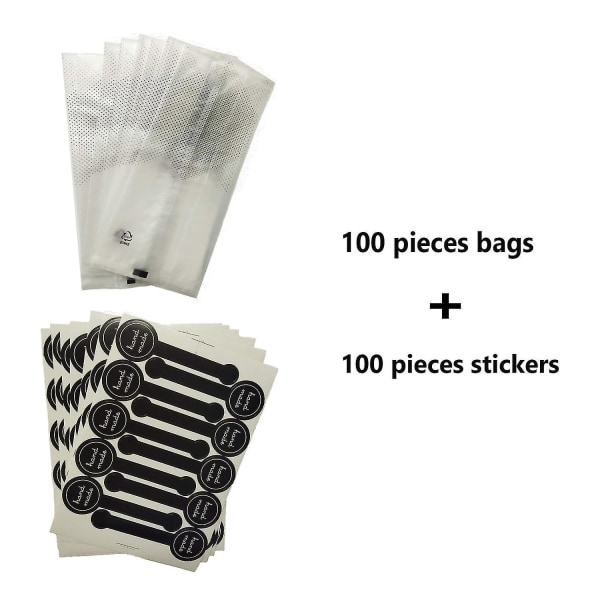 100 stk gennemsigtige plastiksmåkageposer med 100 stk hængelavede klistermærker til småkager, kage, toast, br.
