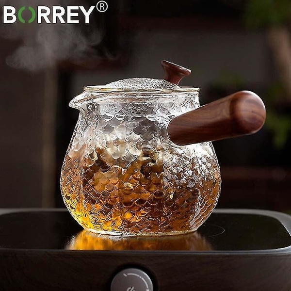600 ml käsintehty lämmönkestävä lasinen teekannu infusori, puinen kahva