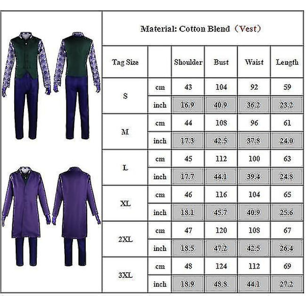 The Joker Kostym Outfit Skjorta Kostym Väst Överrock Slips Handskar Byxor Set För Vuxen U 3XL