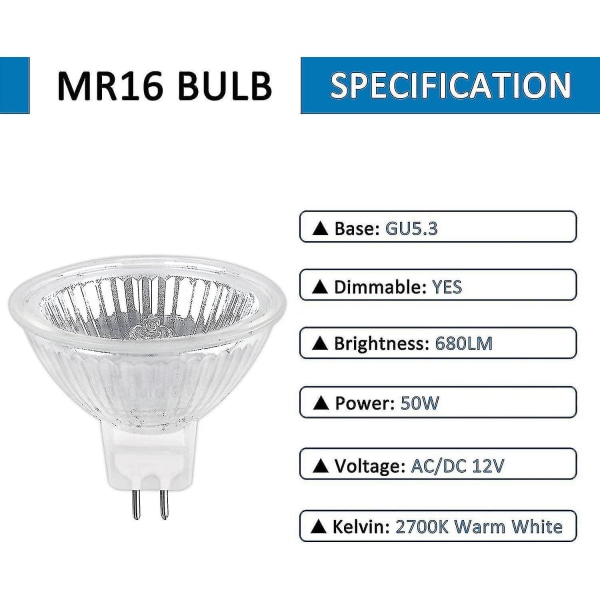 Halogenlampa GU5.3 50W 12V, 800lm Varmvit 2700K Dimbar, Halogen Spotlightlampa MR16, 6-pack