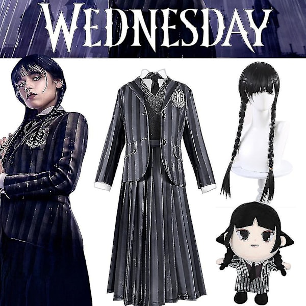 Kvinders Wednesday Addams Deluxe Kostume Sæt Nevermore Uniform Outfit/parykker/dukke One Size without Wigs