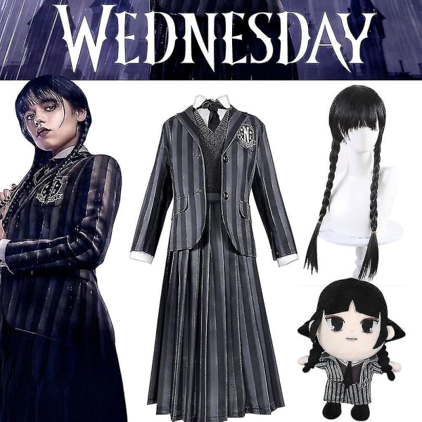 Naisten keskiviikkona Addams Deluxe set Nevermore Uniform -asu/peruukit/nukke 2XL Little Girl