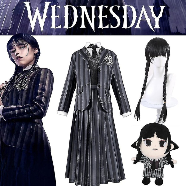 Naisten Wednesday Addams Deluxe -asusetti Nevermore-uniformu asu/peruukki/nukke M Only Wigs