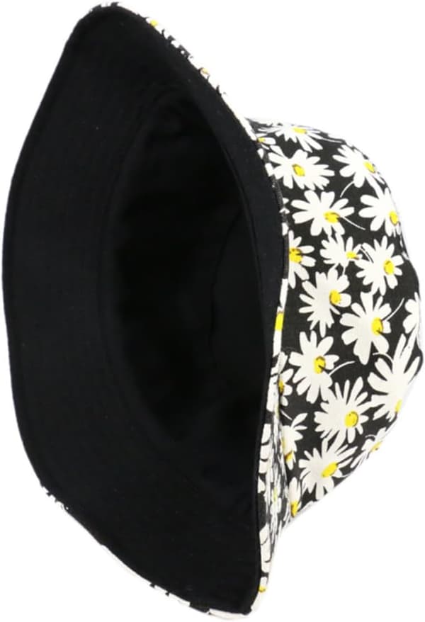 Daisy Printing Bucket Hat Sommer Solhat Mode til Udendørs Strandrejser Solbeskyttelse Sort
