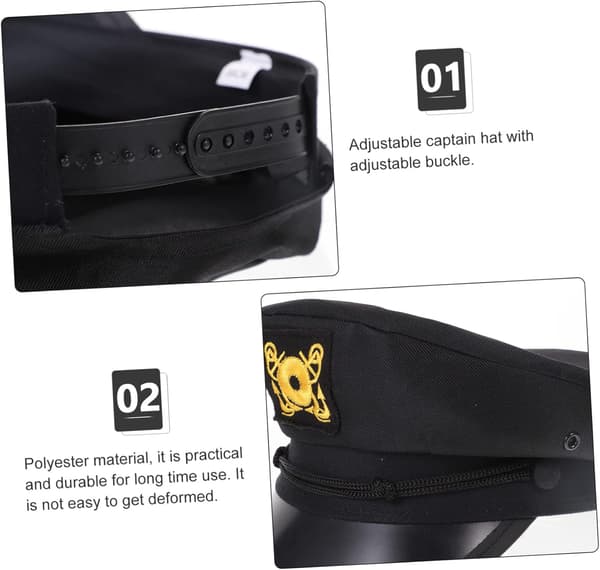 Svart polyester kapteinshatt for menn og kvinner med buet brem og UV-beskyttelse