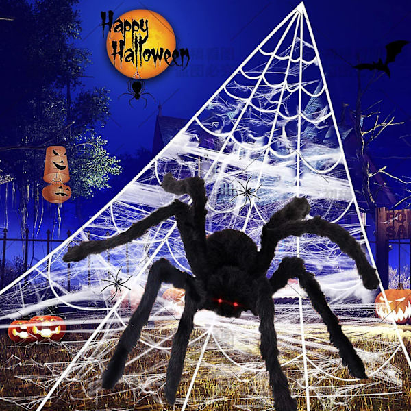 Halloween-koriste hämähäkinverkko, 7m hämähäkinverkko + 2m plussi-hämähäkki + 50g hämähäkinvillaa + 30 pientä hämähäkkiä