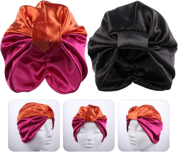 Elastisk Satin Hårpleje Bonnet 2 stk Dobbeltlags Sovehætter Sort Rosarød til Kvinder Nattesår Beskyttelse
