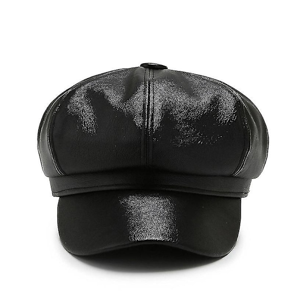 Dame Pige Pu Spids Beret Hat Solid Ottekantet Hat Pu Læder Hatte Mode. (sort)(1stk)