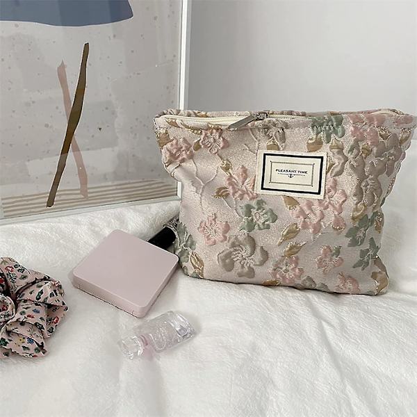 Makeup Taske Fransk Stil Pladsbesparende Canvas Kvinder Bærbar Broderi Makeup