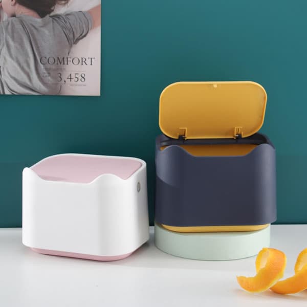 Skrivebordsøppelbøtte i plast, rosa multifunksjonell design, tildekket avfallsbeholder, stilig minibøtte