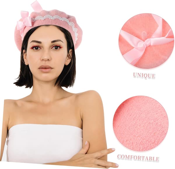 Sløyfeberetthatt for kvinner Japansk stil ullhette med blondesløyfe rosa beret