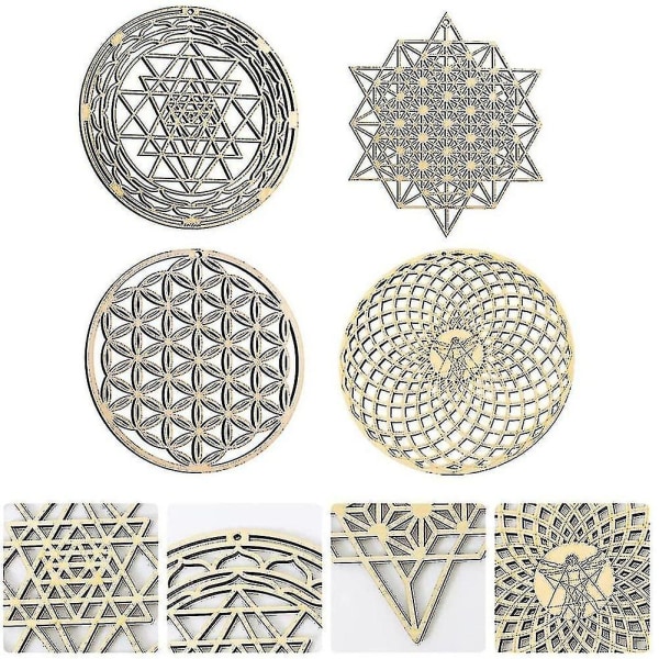 4 kpl Sacred Geometry Wall Art Flower Of Life Grid Puinen Accent Decor Puinen Crystal Grid Board Woo (haoyi-yuhao