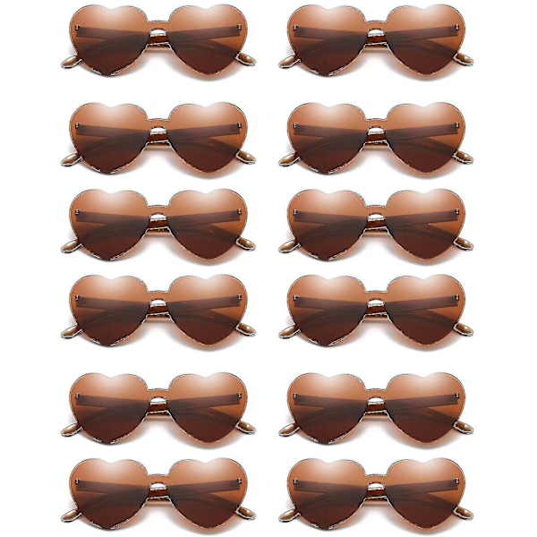 12 Par Hjärtformade Solglasögon, Kantlösa Hjärtglasögon Möhippa Solglasögon Transparenta Godisfärgade Hjärtformade Solglasögon För Kvinnor Tonåringar Festfavoriter Brown