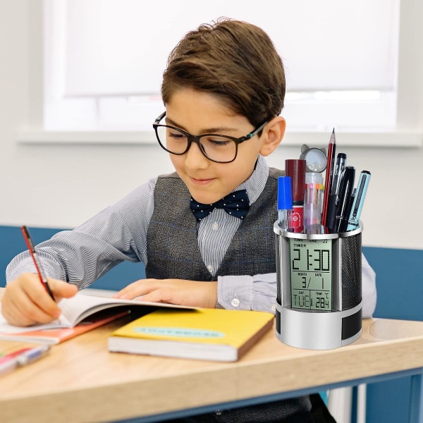 Blå pennhållare, Uppgraderad nät av rostfritt stål pennhållare med väckarklocka, Multifunktionell pennhållare, Perfekt för kontor, skola, hushåll eller födelsedag