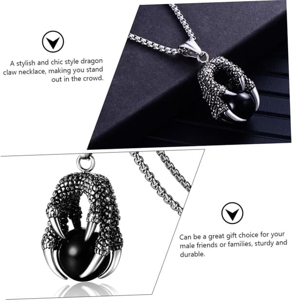 Drageklo vedhæng halskæde til mænd, sort perle og firkantet perle rustfrit stål kæde choker