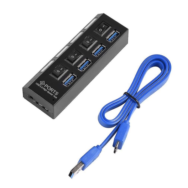 Kdq1 USB 3.0 Hub med 4 Porte, 5 Gbps, Til PC Bærbar, Tænd/Sluk-Knap, Sort