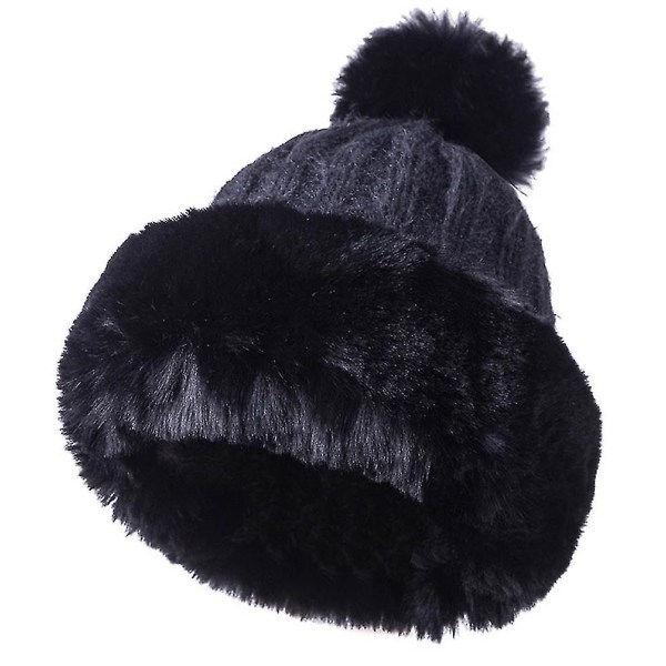 Dame Faux Fur Strikket Hat med Fleeceforing Vintervarm Ushanka Hat Beanie Skiskyttehue Black