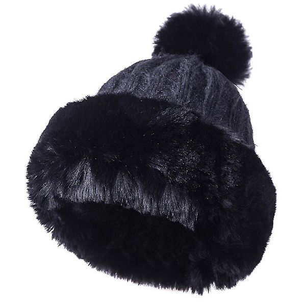 Naisten keinotekoisen turkiksen neulottu pipo, fleecevuorattu, talvinen lämmin Ushanka-pipo, beanie-pipo, hiihtopipo Black
