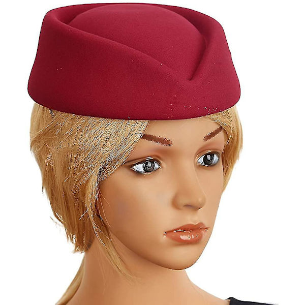 Stewardesse Hat i Uldfelt - Pillbox Hat til Kvinder - Flyvehostesse Cosplay Kostume