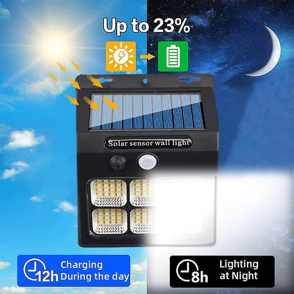 Solcellevegglampe 96led Bevegelsessensor Vanntett Ip65 3 Moduser 1200mah Sikkerhetslys