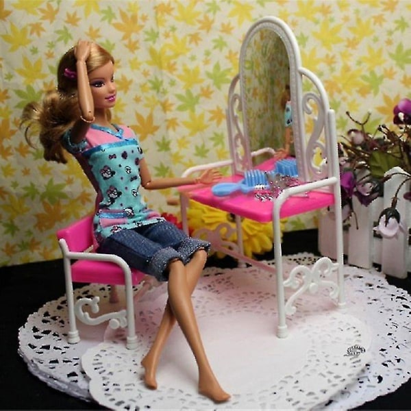Sminkebord Stol Tilbehør Sett For Barbies Dukker Soveromsmøbler
