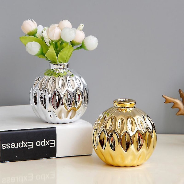 Keramisk liten vas, liten blomma präglad fiskläppsmönster hantverk hemdekorationer (guld)