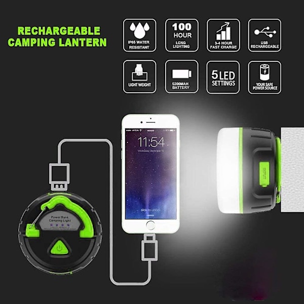 2 i 1 Opladeligt Campinglygte og 5200mah Powerbank Oplader - IP65 Vandafvisende Lysstærk LED Port