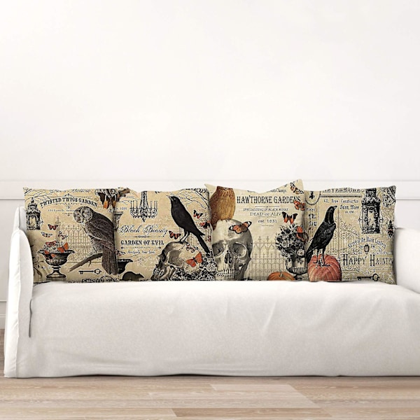 4-pack Vintage Halloween Kuddfodral med uggla/kråka/pumpa/skalle Kuddfodral Halloween Kuddfodral 18 x 18 tum