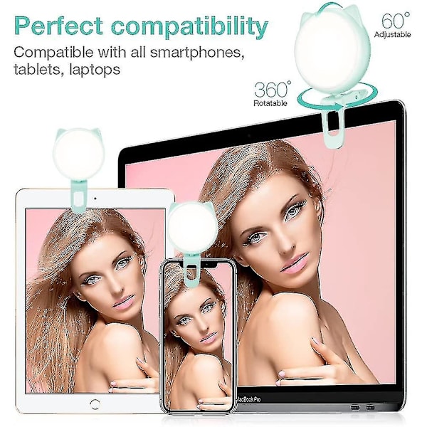 Lysring til iPhone og Android, Genopladelig Bærbar Klips-på Mini Telefonlys med 32 LED Pærer, 9 Niveau Justerbar Lysstyrke til iPad, Video, S