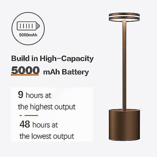 Laddbar Trådlös LED-Bordslampa, 5000mah Batteridriven Bordslampa, 3 Färglägen, Dimbar, USB-Skrivbordslampa för Hem, Matplats, Inomhus, Utomhus Gold