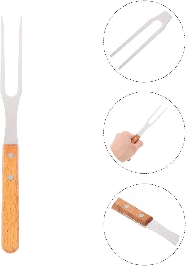 Grillgaffel i rustfritt stål med trehåndtak, multifunksjonell design, kokkegaffel