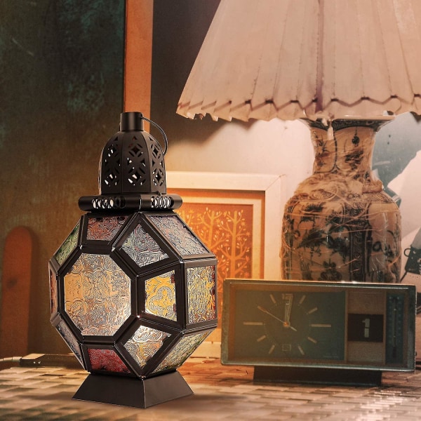 Retro jern stearinlys lanterne, bærbar marokkansk smedejern farvet glas lysestage hængende lampe hest let vind lanterne til boligindretning Ramadan Bl
